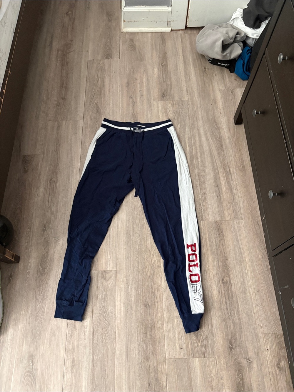 Polo by Ralph Lauren Navy Track Joggers with White Side Panels and Red Logo